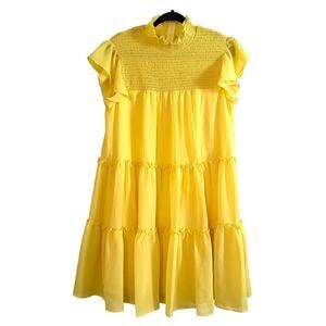 MAISON TARA Yellow Smocked Flutter Sleeve Tiered Ruffle Mini Dress - Sz 16
